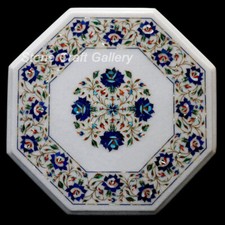 18 " Marbre Blanc Coin Table Haut Demi Précieux Pierres Floral Art Inlay Travail