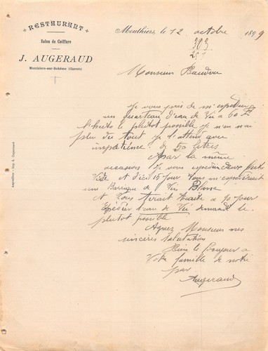 Facture 1899 restaurant j - 1899,
