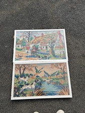 Lot de 2 canevas anciens encadrés – chasse à courre et scène de marais