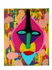 Tableau Abstrait Coloré Masque Africain  Naïf Portrait Fait Main Portrait Singe