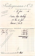 1923       FACTURE SEILIGMANN A VAUCOULEURS - MME.BERTHOLY A ROANNE