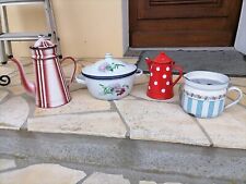 Set of French enameled sheet metal utensils (Tureen, Milk Pot, Coffee Maker)