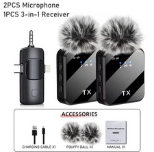 Microphone sans fil 3 en 1 pour iPhone/Android, portée de 100 mètres