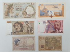 Lot 6 billets ancien français France 100 Francs Delacroix 200 Eiffel 50 Vaillant