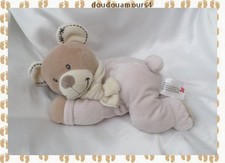 Doudou Peluche Ours Allongé Musical Beige et Rose Echarpe Ecru Nicotoy