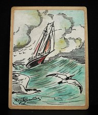 René Georges GAUTIER voilier le Ducan 2 mâts ship sailing ketch aquarelle 1921
