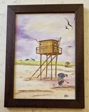 Peinture authentique marine sur grès signée JL.C et encadrée - Cabane de Pêcheur