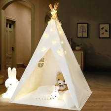 Tipi Enfant Blanc avec Guirlande, Tente Intérieur/Extérieur, Toile, Portable