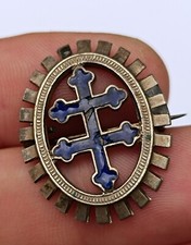 Broche Croix de Lorraine émail bleu vintage dentelée militaria patriotique pin