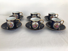 6 Tasses et sous tasses Limoges Fragonard bleu incrustation or bleu cobalt