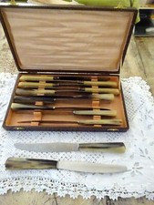 N° 5 )  COFFRET DE 12 COUTEAUX INOX ET MANCHE EN CORNE NATUREL PRADEL FILS