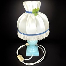 Lampe de chevet vintage en albâtre bleu avec abat-jour toile, fonctionne