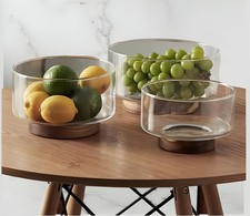 Bol de Service en Verre avec Base en Bois – Coupe Moderne Transparente 