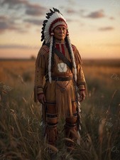 Photo A4 Lakota Sioux – chef amérindien debout au coucher du soleil – 1204