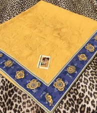 FRENCH 1950s QUILTED TABLECLOTH~PROVENCE INDIENNE COTTON~YELLOW & BLUE~53 x 52"