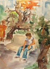 Tableau aquarelle impressionniste vintage paysage