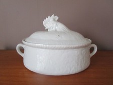 Grande terrine porcelaine à feu blanche Apilco  tête de coq couvercle France ""