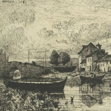 Adolphe Appian Avant la pluie - Village de Villeneuve Eau forte originale XIXe