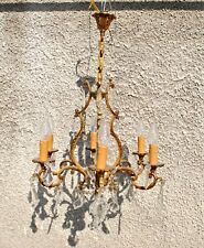 Lustre à Pampille ancien en bronze doré et cristal taillé - Lampe suspension H70