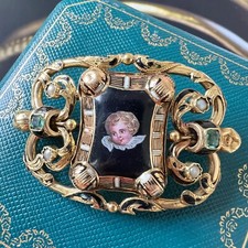Antique Victorian era 18K gold enamel cherub brooch, emeralds and natural pearls