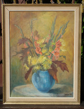 1974 Grand tableau Bouquet de Fleurs Vase Bleu DAHLIA & Glaïeul Nature végétal
