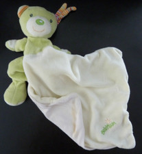 Y12. DOUDOU PLAT BABYSUN OURS MOUCHOIR BLANC ECRU VERT écharpe rayée TTBE