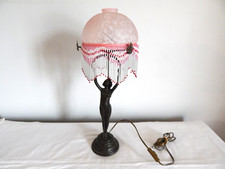 ANCIENNE LAMPE en BRONZE Décor Femme Style Art Nouveau avec Abat-Jour Pâte Verre