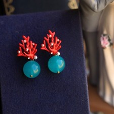 Boucles d'oreille Clous Doré Corail Email Rouge Perle Amazonite Turquoise DZ1