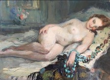 « Nu Au Collier De Turquoises ». Tableau ancien huile/carton. Dlg d’ A. Calbet.