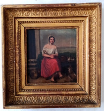 TABLEAUX HSP XIX EME  PORTRAIT FEMME AU CHIEN CHAT DEVANT UN PAYSAGE A RESTAURER