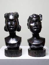 Couple de bustes Malgaches bois exotique foncé sculpté artisanat années 40-70