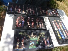 5 ancien Tableau toile de soie art populaire africain ethnique signe AMONAS