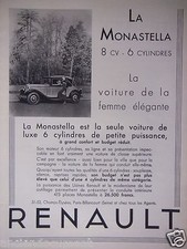 PUBLICITÉ 1932 RENAULT LA MONASTELLA 8 cv 6 cylindres - ADVERTISING