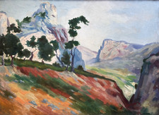 Tableau ancien   huile Montagne Alpilles signé sommet arboré cadre XX ème