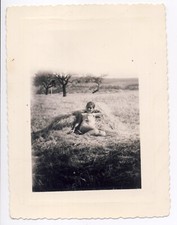 Vintage photo 1958 - young woman laying on hay stack in a field