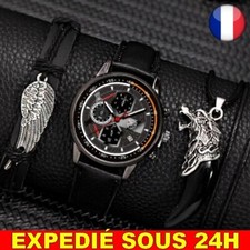 ✅ Montre Collier Dent Loup Bracelet Aile Plume Quartz Calendrier Homme Cuir Noir