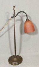 Lampe De Bureau Ancienne En Laiton Et Tulipe En Pâte De Verre Rouge Orangé XXème