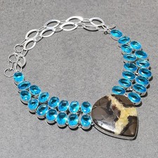 Collier bijoux ethniques faits main pierre précieuse topaze bleue lâche septa...