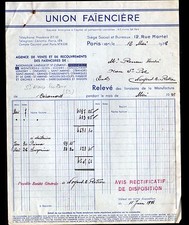 ST-AMAND-les-EAUX / PARIS (59 / X°) FAIENCE / FAIENCERIE "UNION FAIENCIERE" 1938