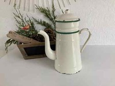 18 ⚜️ Ancienne Cafetière émaillée Liseré Vert Vintage Hauteur 26 Cm