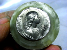 ANCIEN PRESSE PAPIER RELIGIEUX MÉDAILLE SANCTA MARIA signé TAIRAC SUPPORT ONYX