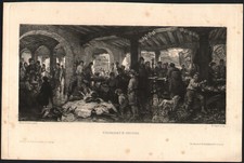 1890 Rare gravure eau-forte Marché aux poissons de Chioggia Italie William Unger