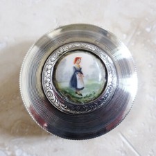 SUPERB & LARGE ANTIQUE SOLID SILVER PILL TRINKET BOX w. PORCELAIN PAINTED WOMAN