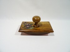 ANCIEN TAMPON BUVARD DE BUREAU EN BOIS D ' OLIVIER PARIS DECOR FLEURS PENSEES