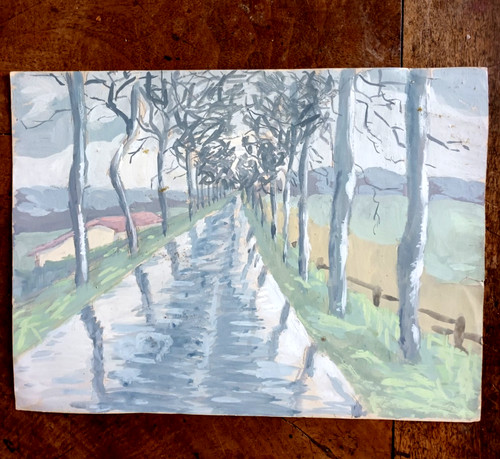 Huile ancienne paysage route - huile,