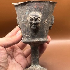 Très rare tasse à vin ancienne grecque en bronze à patine unique avec 3 faces