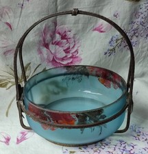 ANCIENNE COUPE CORBEILLE ART DECO VERRE BLEU STRUCTURE FER FORGÉ MARTELÉ 