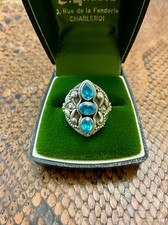 ANCIENNE BAGUE TRILOGIE UNIQUE ARGENT MASSIF OUVRAGÉ - 3 TOPAZES BLEUES