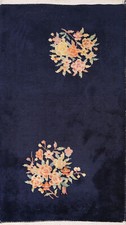 Bleu Marine Floral Art Déco Chinois Accent Tapis 2x4 Laine Noués à la Main Foyer
