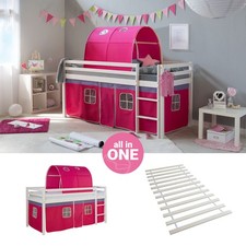 Cadre Lit superposé 90x200 enfant mezzanine Lattes Bois Tunnel Rose Homestyle4u